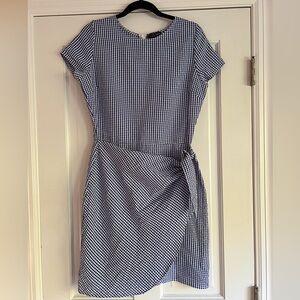 Aqua Blue and White Gingham Seersucker faux wrap dress